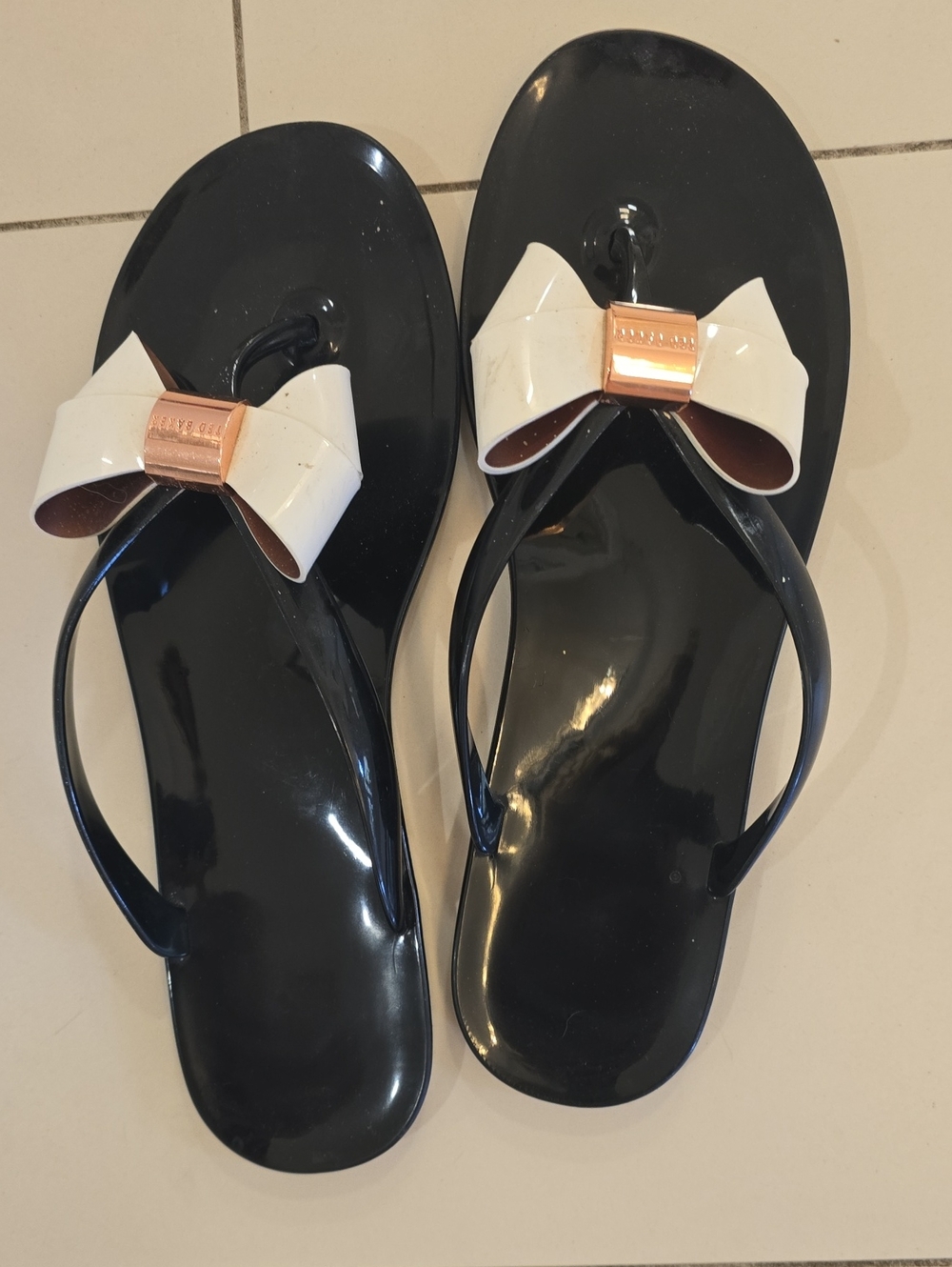 Ted Baker Black Jelly Sandals with White Bow and Rose Gold Accent